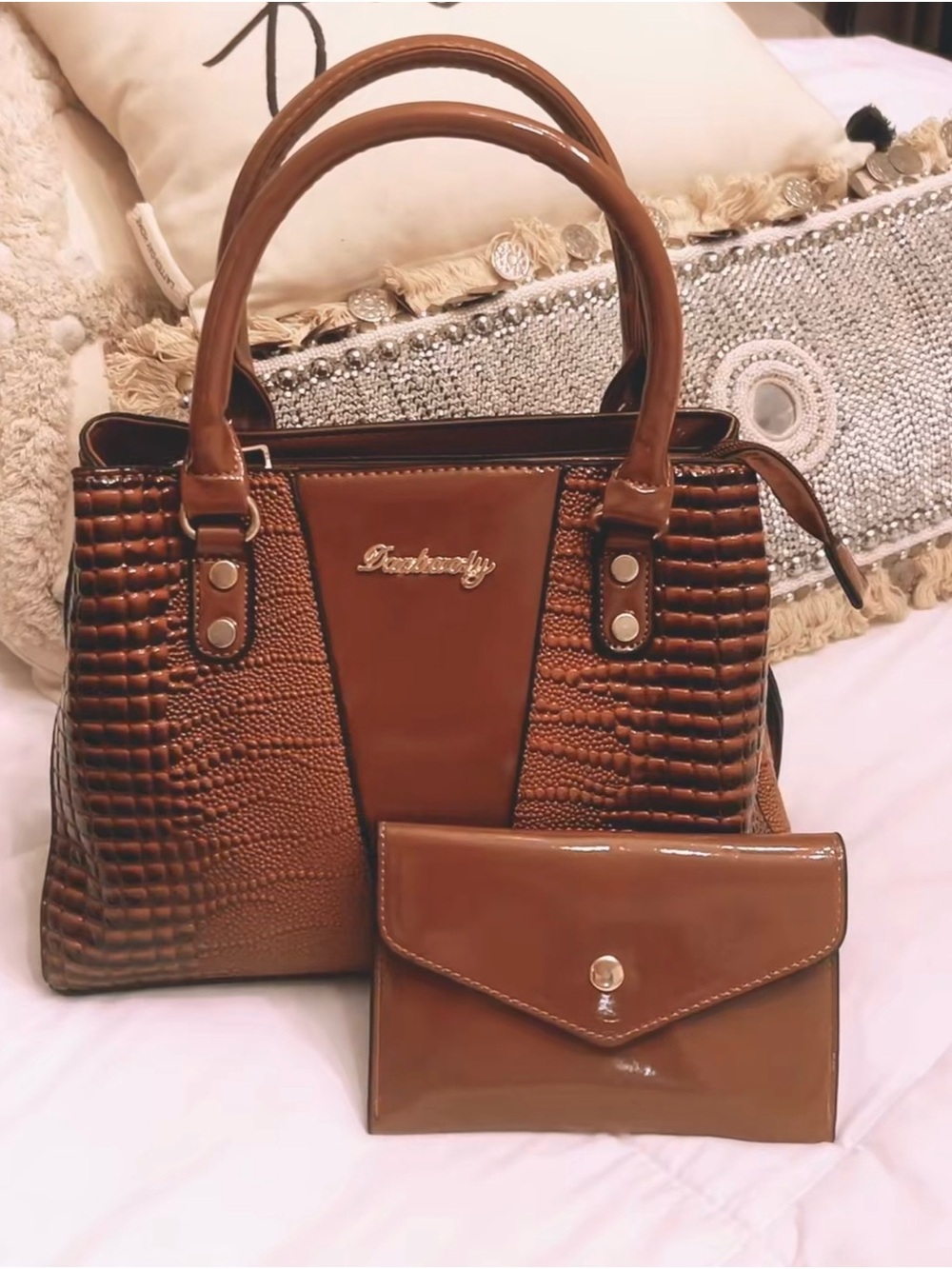 Women's Brown Textured Satchel Shoulder Bag with Wallet